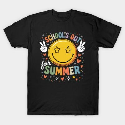 Black t-shirt with "School's Out for Summer" colorful graphic and smiley face design, ideal for casual summer wear.