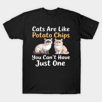 Black t-shirt with "Cats Are Like Potato Chips" text and two cat illustrations, casual and humorous design.