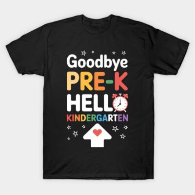 Black T-shirt with colorful "Goodbye Pre-K Hello Kindergarten" graphic design, perfect for school transitions.
