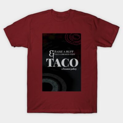Maroon graphic t-shirt with "Taco" text design, casual wear, cotton material, unisex style.