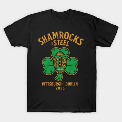 Black t-shirt with "Shamrocks & Steel" design, featuring green shamrock and text "Pittsburgh Dublin 2025". Casual wear.