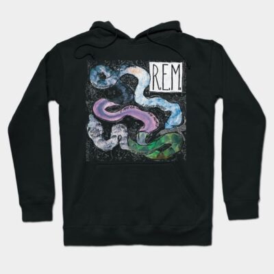Black hoodie with colorful abstract design and R.E.M. text, made of cotton, perfect for casual wear and comfort.