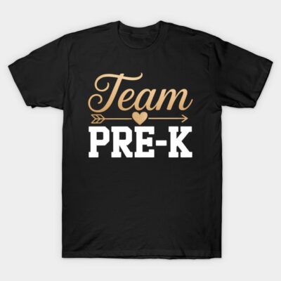 Black "Team Pre-K" T-shirt with gold and white text, casual style, ideal for preschool teachers, soft cotton fabric.