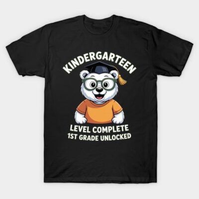 Black kindergarten graduation t-shirt featuring cartoon bear with glasses and cap, "Level Complete" text, cotton material.