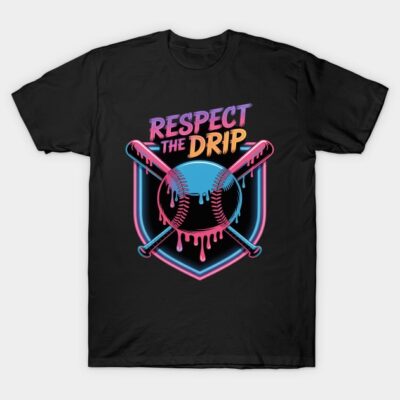 Black t-shirt with vibrant neon baseball and bats graphic, "Respect the Drip" text, casual streetwear style.