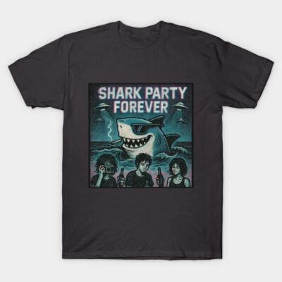 Black graphic t-shirt featuring a "Shark Party Forever" design with colorful illustrations of a shark and party scene.