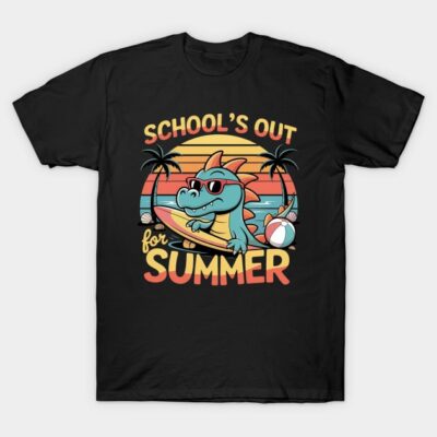 Black t-shirt with colorful "School's Out for Summer" dinosaur design, perfect for casual summer wear.