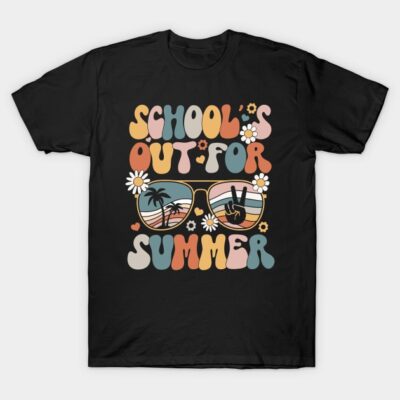 Black t-shirt with "School's Out For Summer" text in colorful retro font, featuring sunglasses and floral design.