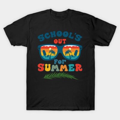 Black t-shirt with colorful "School's Out for Summer" print featuring sunglasses and palm trees, casual summer wear.