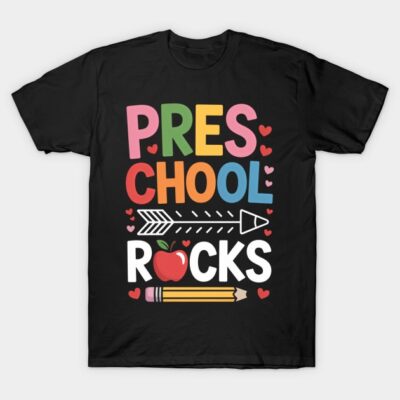 Black "Preschool Rocks" t-shirt with colorful text, apple, and pencil graphics. Ideal for preschool teachers or kids.