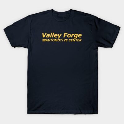 Navy blue t-shirt with yellow "Valley Forge Automotive Center" logo, casual style, 100% cotton, unisex design.