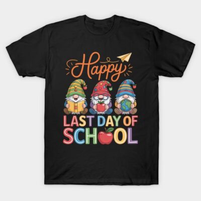 "Black t-shirt with colorful 'Happy Last Day of School' gnome design, perfect for end-of-term celebrations."