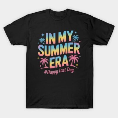 Black unisex t-shirt with colorful "In My Summer Era" text and palm tree graphics, casual summer fashion.