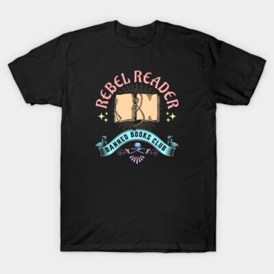 Black "Rebel Reader" t-shirt, colorful graphics, short sleeve, cotton, casual wear, book-themed design, unisex.