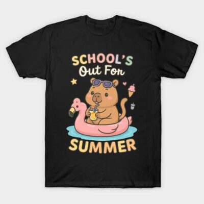 Black t-shirt with playful "School's Out for Summer" design featuring cartoon bear in a pink float, ideal for casual wear.