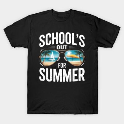 Black t-shirt with "School's Out for Summer" text and beach-themed sunglasses graphic, casual summer wear.