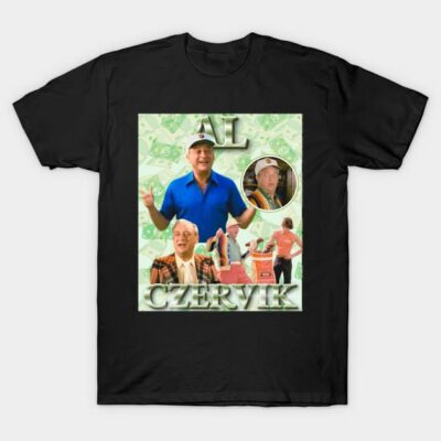 Black T-shirt with vibrant collage design, featuring bold text "Al Czervik". Ideal for casual wear and fans of classic comedy.