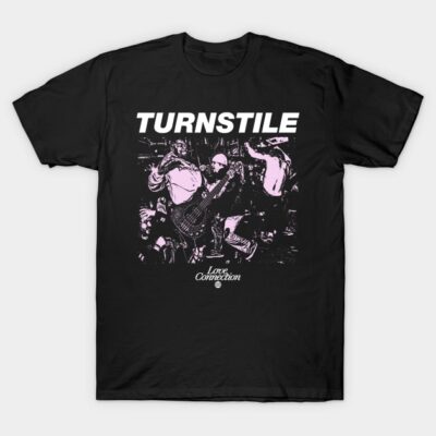 Black graphic t-shirt featuring "Turnstile" design with musicians, perfect for music enthusiasts and casual wear.