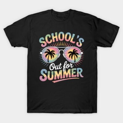 Black t-shirt with "School's Out for Summer" graphic, featuring colorful sunglasses and palm trees, perfect for casual wear.
