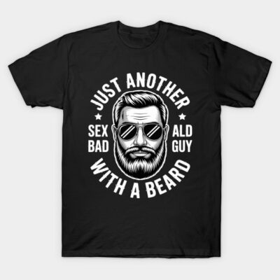 Black graphic t-shirt with bold text and illustrated bearded man wearing sunglasses. Casual style, cotton material.