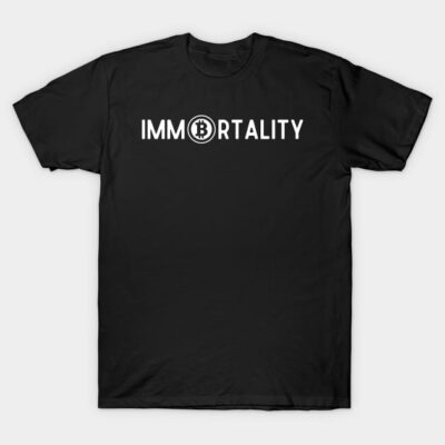 Black cotton t-shirt with "Immortality" and Bitcoin logo print, casual style, unisex.