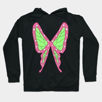 Black hoodie with pink and green butterfly wings design, casual style, comfortable cotton material, unisex fit.