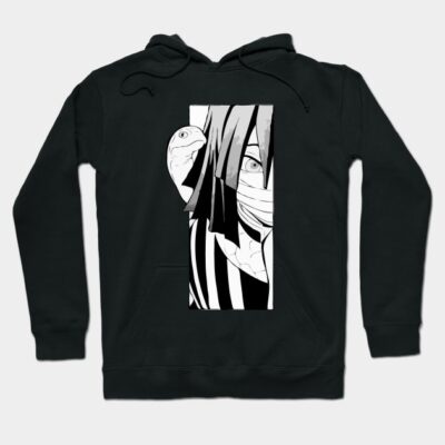 Black hoodie with abstract monochrome graphic design, featuring a masked character and snake. Cotton material, casual style.