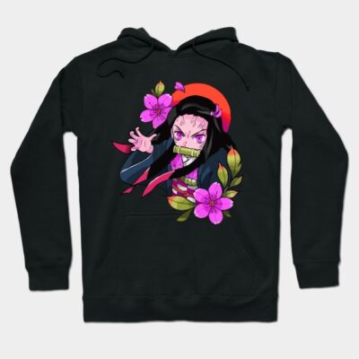 Black hoodie with colorful anime character and floral design, perfect for casual wear. Cotton blend, unisex style.