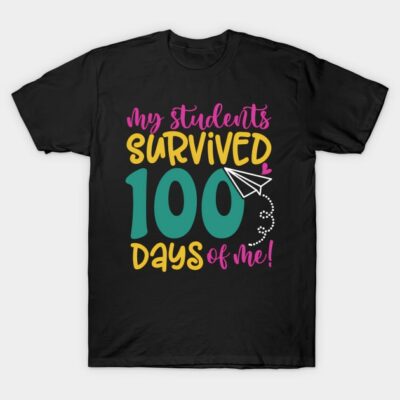 Black T-shirt with colorful "My Students Survived 100 Days of Me" graphic, ideal for teachers, cotton material.