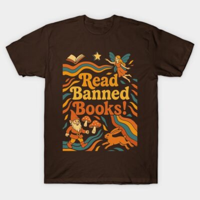 Brown T-shirt with "Read Banned Books" design featuring gnome, fairy, mushrooms, and rabbit in colorful retro style.