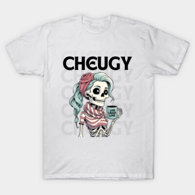 White T-shirt with "Cheugy" text, featuring a colorful skeleton graphic. Casual wear, cotton material, unisex style.