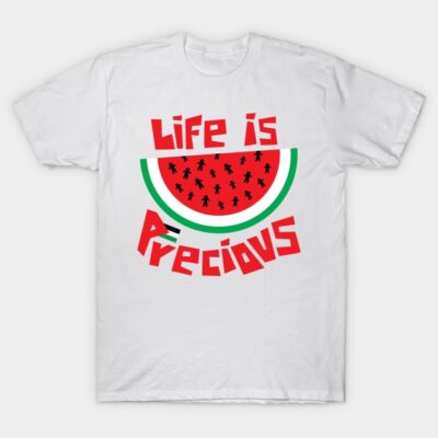 White t-shirt with "Life is Precious" design featuring watermelon graphic, casual style, 100% cotton.