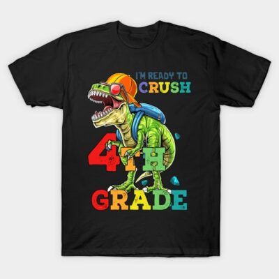 Black t-shirt with colorful dinosaur graphic and "4th Grade" text, ideal for back-to-school kids' fashion.