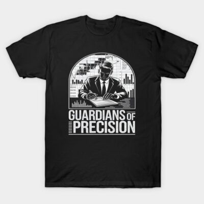 Black "Guardians of Precision" T-shirt featuring a business theme graphic, ideal for casual wear, cotton material.