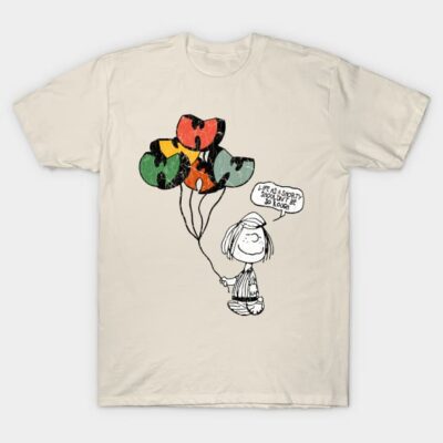 Beige cotton t-shirt with cartoon character, colorful balloons, and playful print, ideal for casual wear.