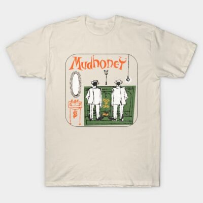 Beige graphic t-shirt featuring Mudhoney design, casual style, perfect for music fans, made of soft cotton material.