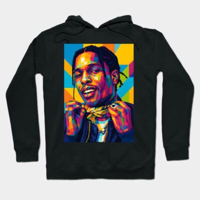 Black hoodie with vibrant geometric pop art design, casual streetwear style, unisex cotton blend, ideal for cool weather.