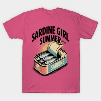 Pink t-shirt with "Sardine Girl Summer" print, featuring an open sardine can graphic, casual summer wear.