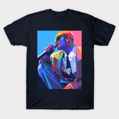 Black t-shirt featuring colorful abstract design of a performer with a microphone, perfect for music enthusiasts.