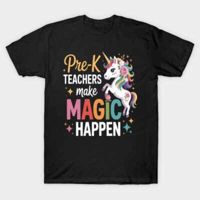 Black T-shirt with colorful unicorn design and "Pre-K Teachers Make Magic Happen" text, perfect for educators.