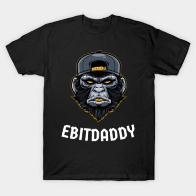 Black t-shirt featuring a graphic gorilla design with a cap and "EBITDADDY" text, casual style, cotton fabric.