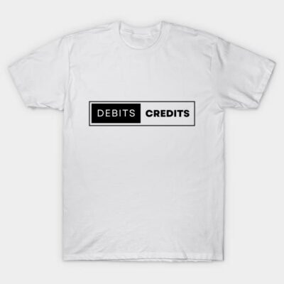 White cotton t-shirt with "Debits Credits" text design, casual style, ideal for accounting enthusiasts.
