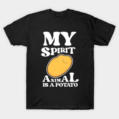 Black novelty t-shirt with humorous "My Spirit Animal is a Potato" text and potato graphic, casual wear.