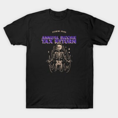 Black graphic t-shirt featuring a skeleton and text "Annual Income Tax Return," ideal for casual wear, cotton material.
