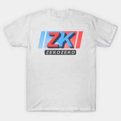 White T-shirt with blue and red graphic design, featuring bold letters "ZK" and "ZekoZeko" text. Casual wear.