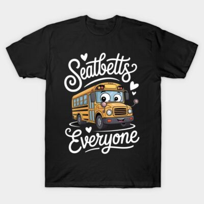 Black T-shirt with cartoon school bus graphic and "Seatbelts Everyone" text, casual wear, cotton material.