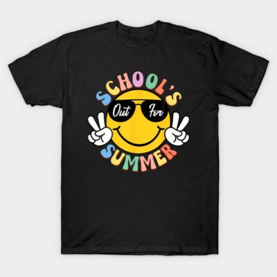 Black t-shirt with colorful "School's Out for Summer" text and smiling face graphic, casual style, cotton material.