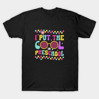 Black t-shirt with colorful "I Put the Cool in Preschool" graphic, perfect for kids, 100% cotton, casual wear.