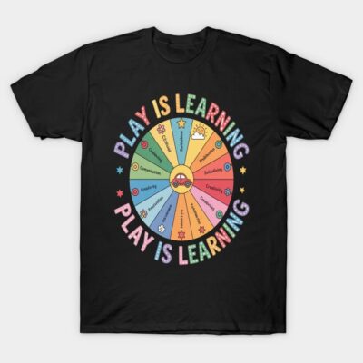 Black t-shirt with colorful "Play is Learning" design, educational theme, casual style, perfect for daily wear.