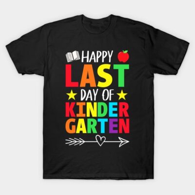 Black "Happy Last Day of Kindergarten" T-shirt with colorful text and playful graphics, ideal for kids' celebrations.